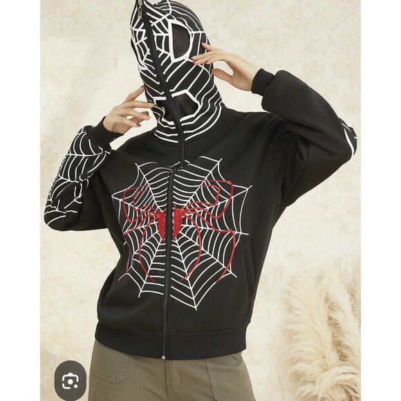Original Deluxe Kids 12 Spider Web  Zip Close Eye Hole Hood Spiderman Jacket EUC - Picture 1 of 8